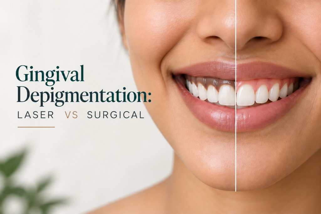 Gingival depigmentation for dark gums, comparing laser and surgical gum depigmentation with a before-and-after smile.